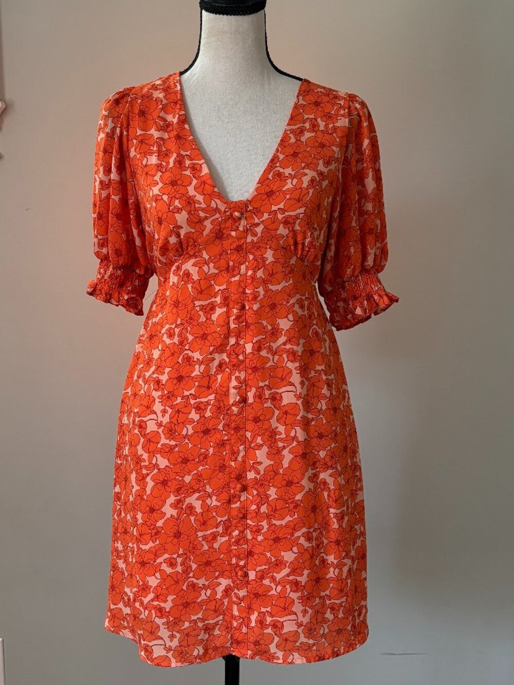 Sienna Sky Orange Floral Puff Sleeve Mini Dress Small Like New